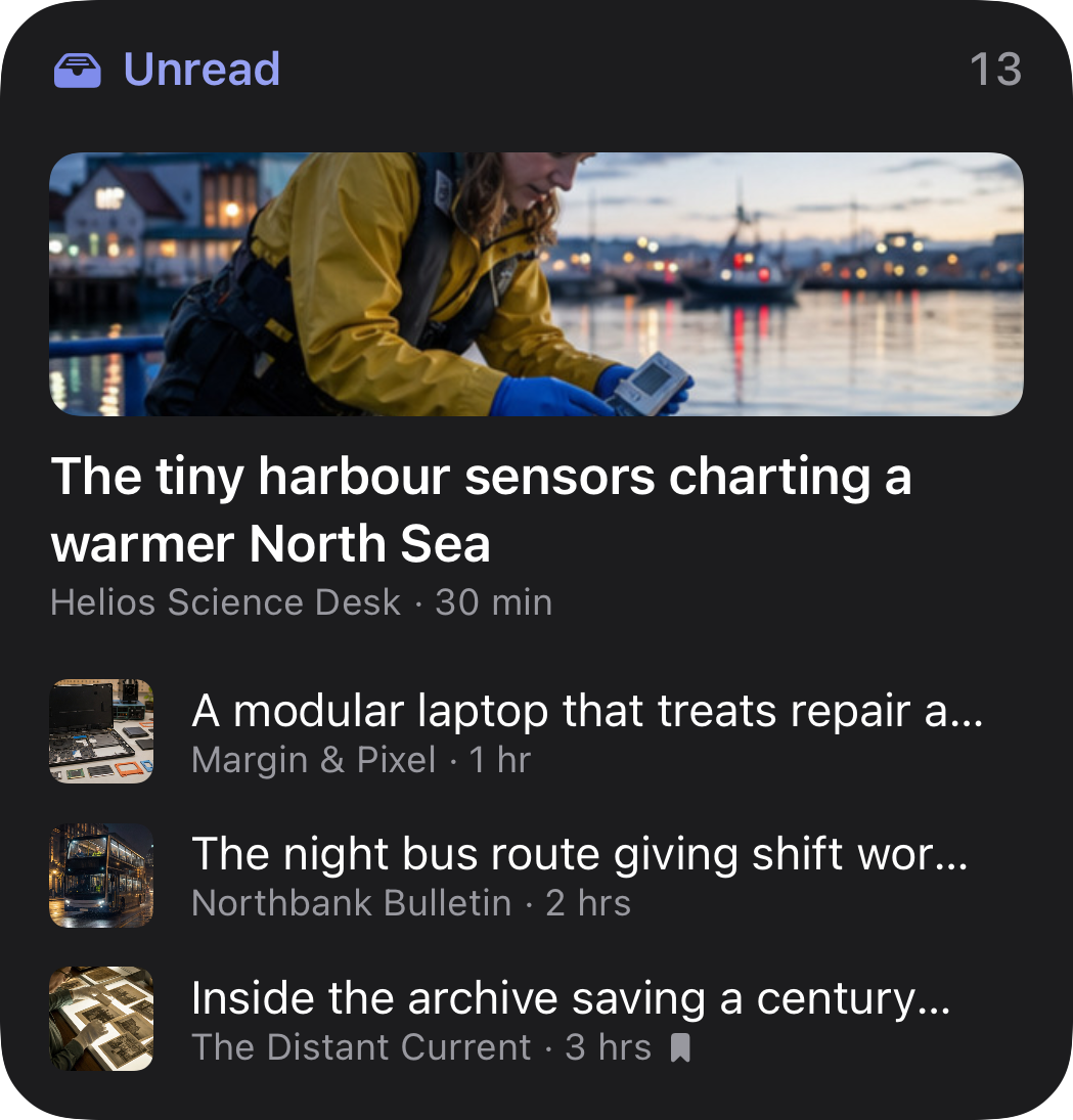 Beacon large Unread widget showing a lead story with a photo and three more articles in dark mode