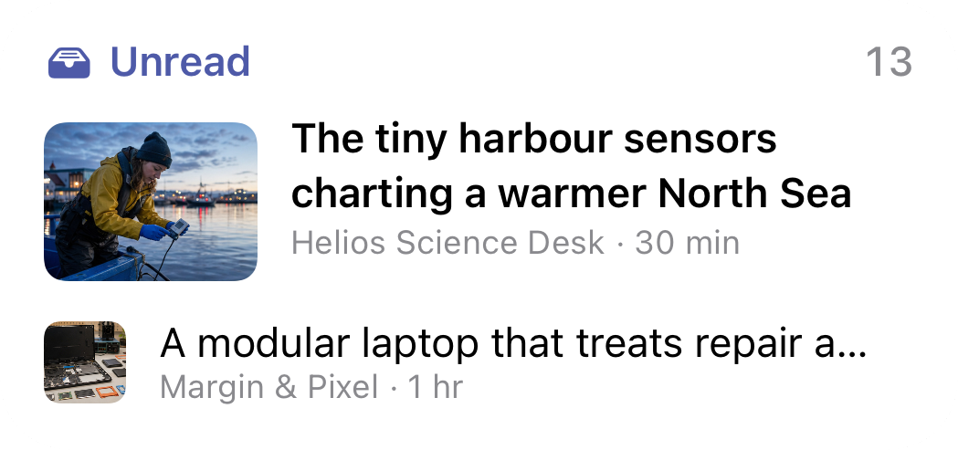 Beacon medium Unread widget showing the lead story with its photo and one more article