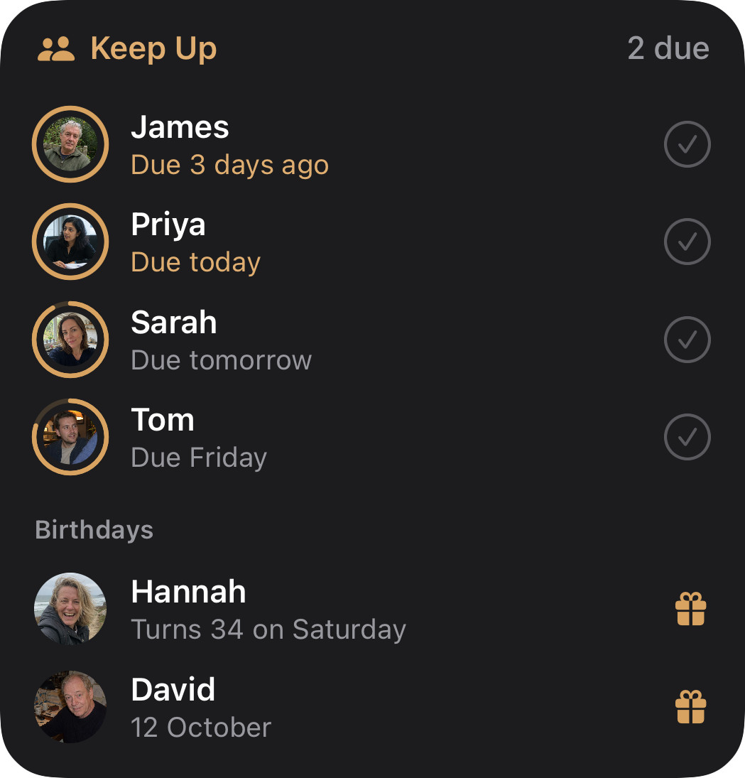 Circle large Keep Up widget listing four people with their rings and Caught Up ticks, and two birthdays in dark mode