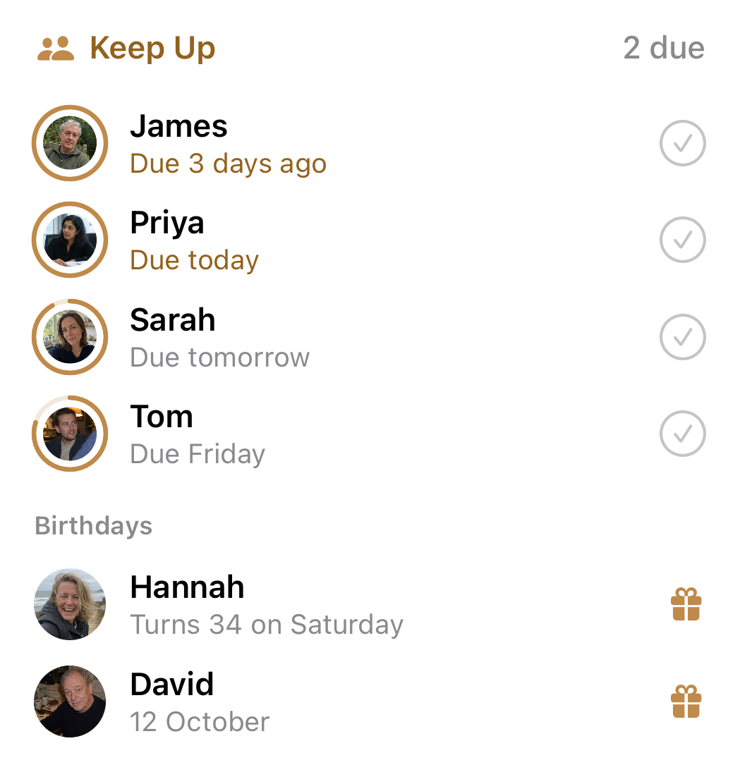 Circle large Keep Up widget listing four people with their rings and Caught Up ticks, and two birthdays