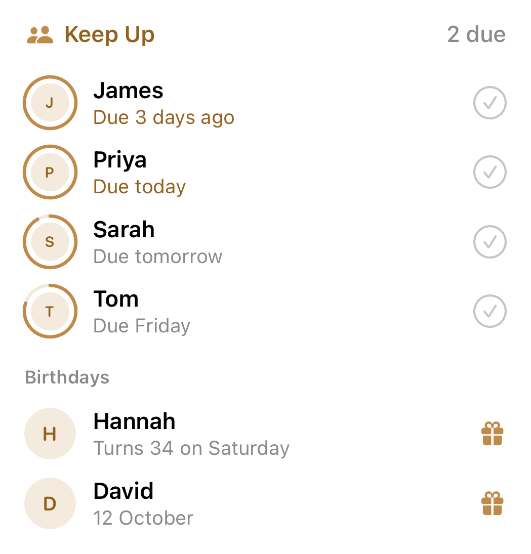 Circle large Keep Up widget using initials instead of photos