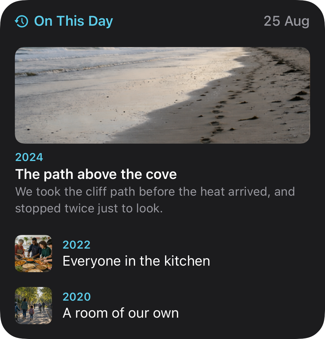 Echo large On This Day widget showing memories from three past years in dark mode