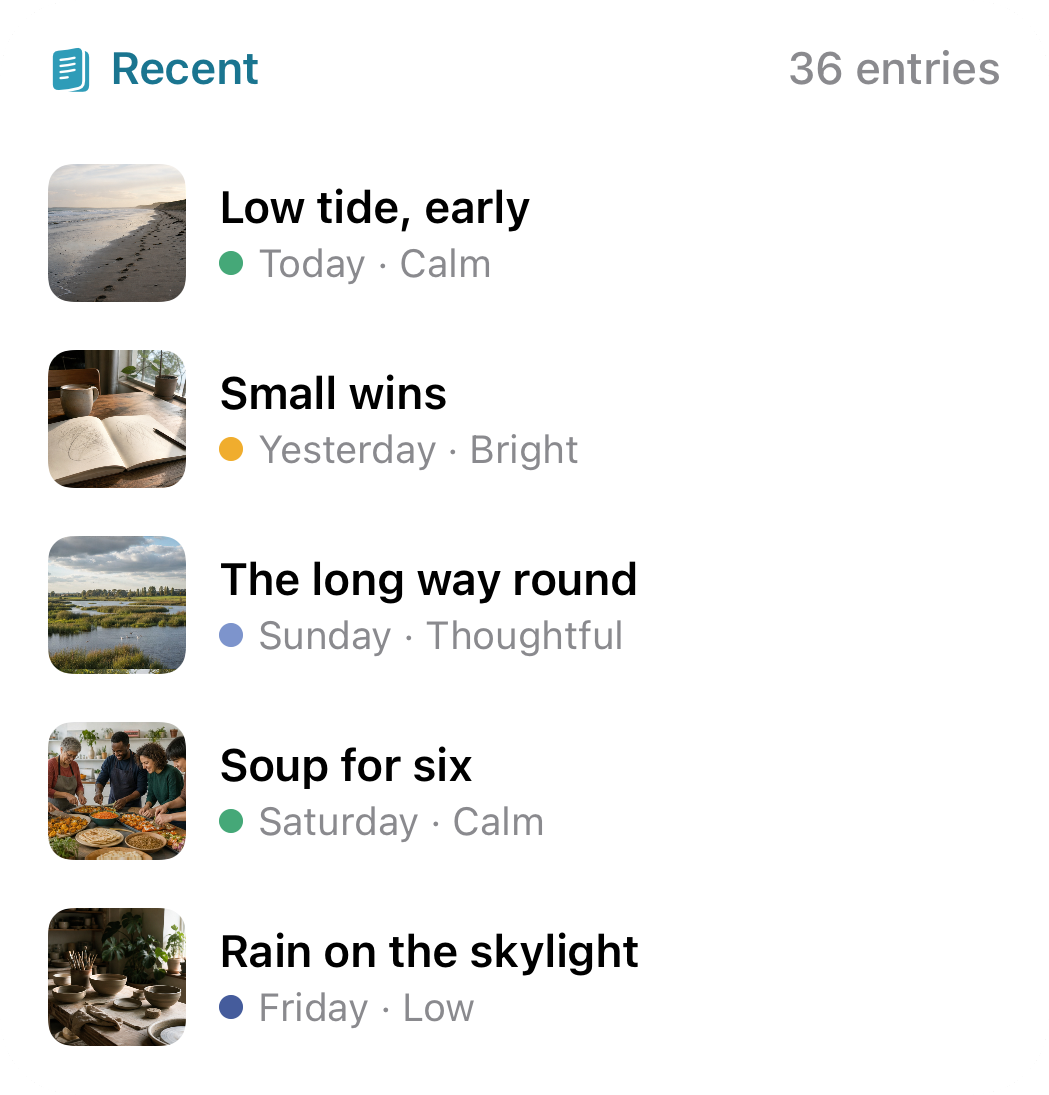 Echo large Recent widget listing five entries with photos and moods