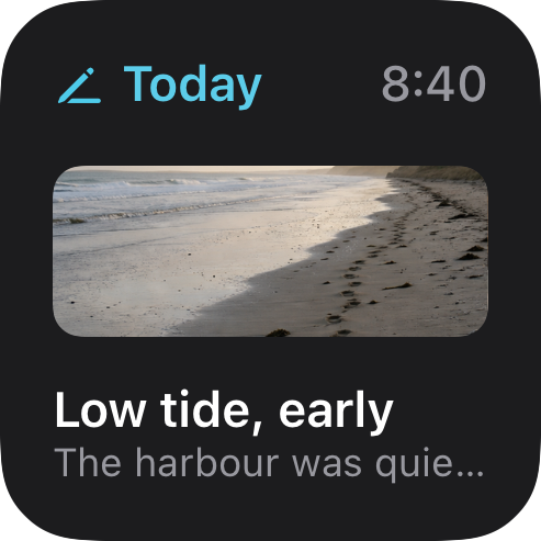 Echo small Today widget showing today’s entry with its cover photo in dark mode