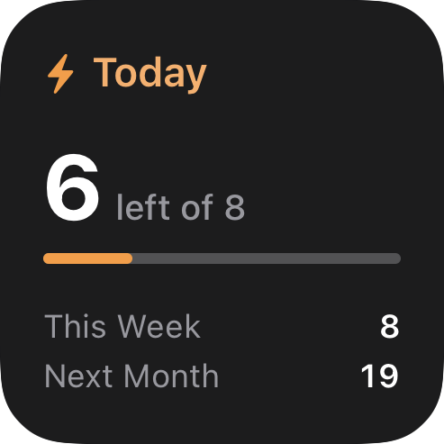 Orbit small Overview widget showing six of eight tasks left today in dark mode