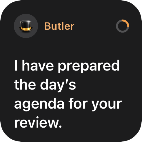 Orbit small Companion widget with the British Butler’s message in dark mode