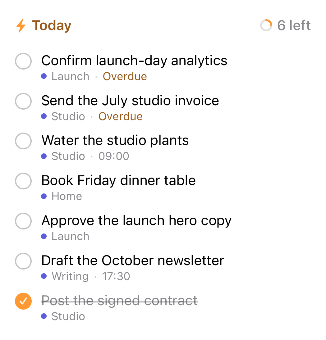 Orbit large Today widget listing six tasks with their Spaces and times, and one done